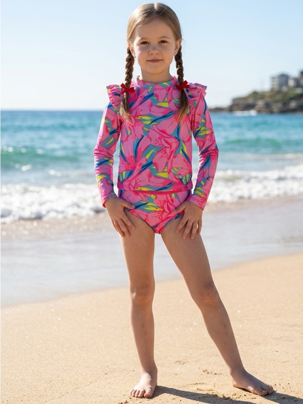 Tommy Bahama Girls' Pink Floral Long-Sleeve Rash Guard Bikini Set Size 5